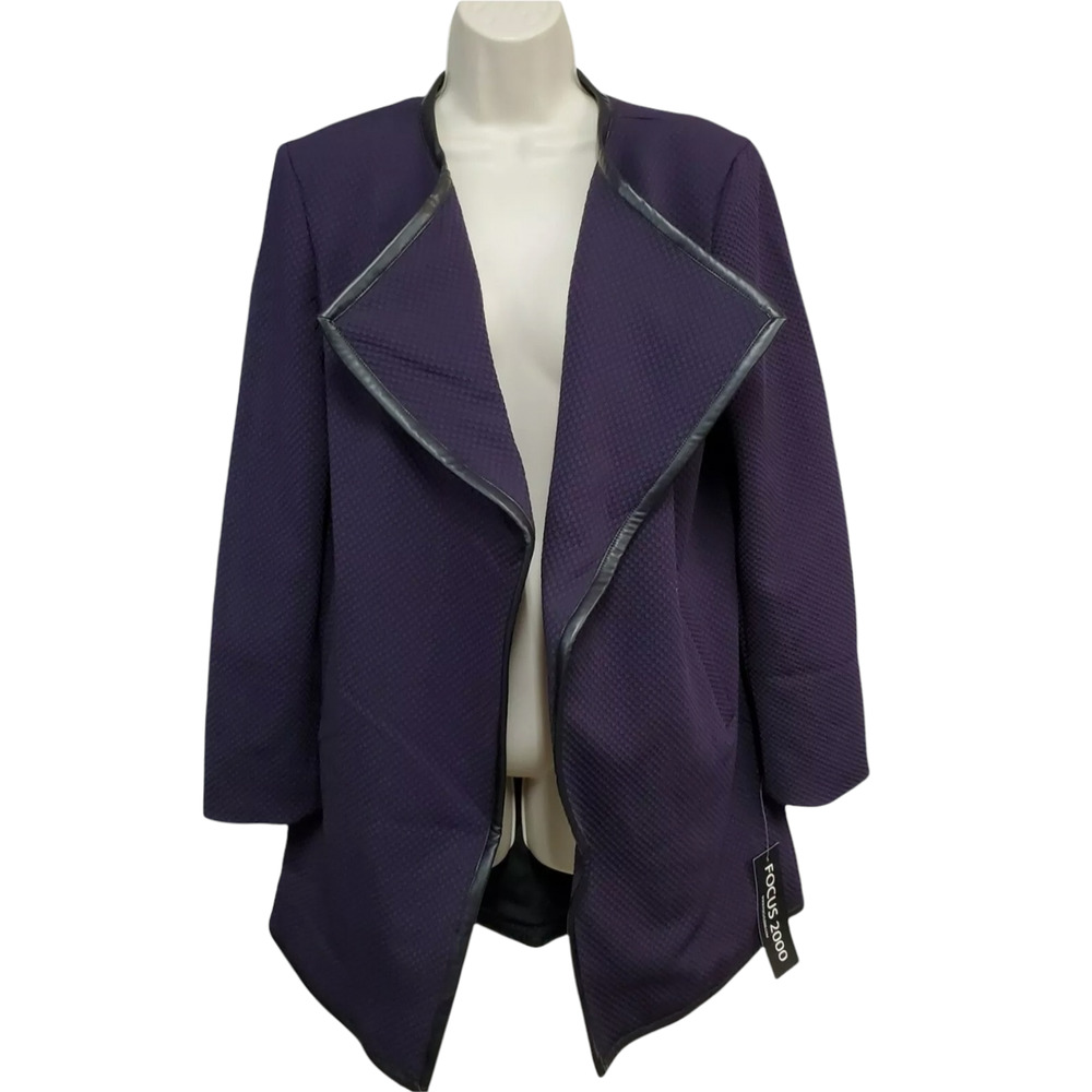 Shawl Coat Womens 8 Focus 2000 Purple Waffle Knit Faux Leather Trim Open New